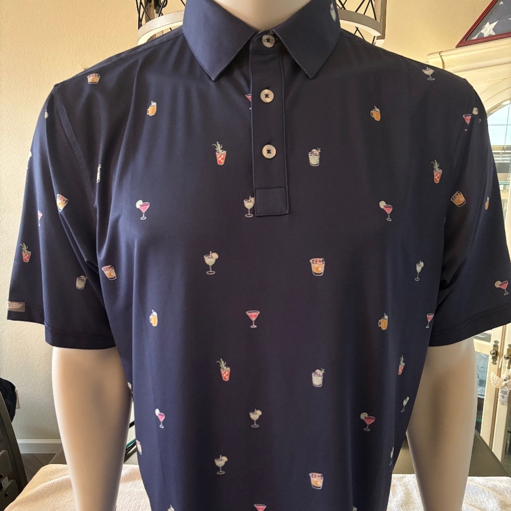Awesome mens large Straight Down golf polo with "drinks" design